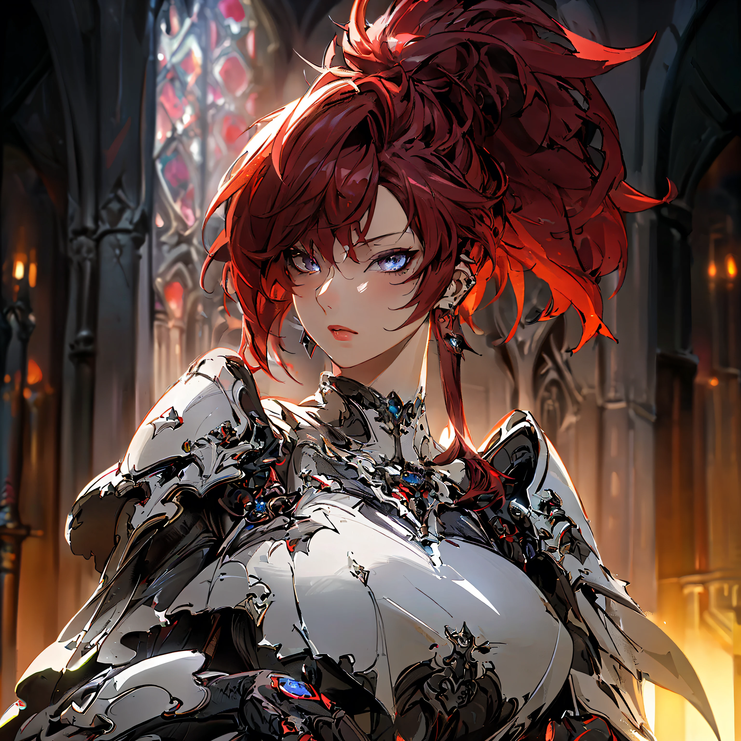 Anime girl with red hair and armor in a church - SeaArt AI