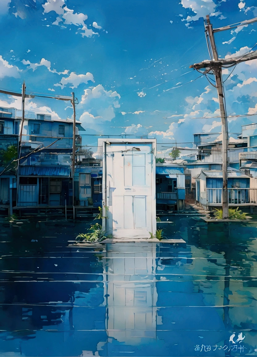 Floating in tranquil blue water, A weathered white door stands isolated against a vibrant backdrop, Clear sky dotted with fluffy clouds. The tranquil scene reflects the shadow of the door and the surrounding urban environment, The buildings and structures almost look abandoned.. Natural light enhances tranquility, Contemplative atmosphere, Creates a surreal fusion of reality and imagination. Reflections and still water capture a moment of tranquility in a world full of activity.