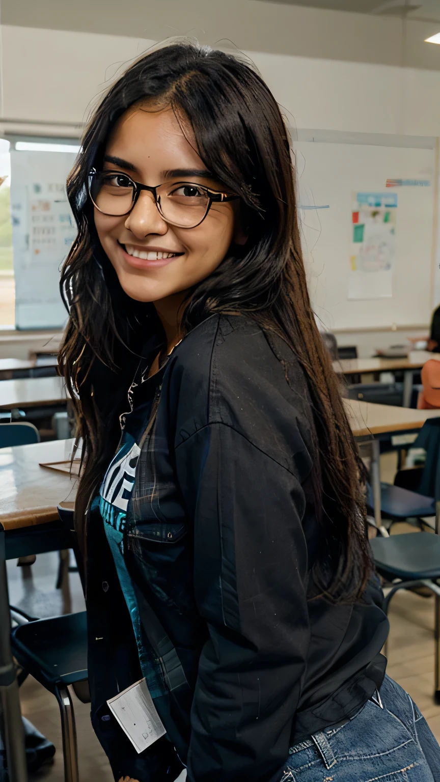 She has straight, shoulder-length black hair and looks like a middle or high school .