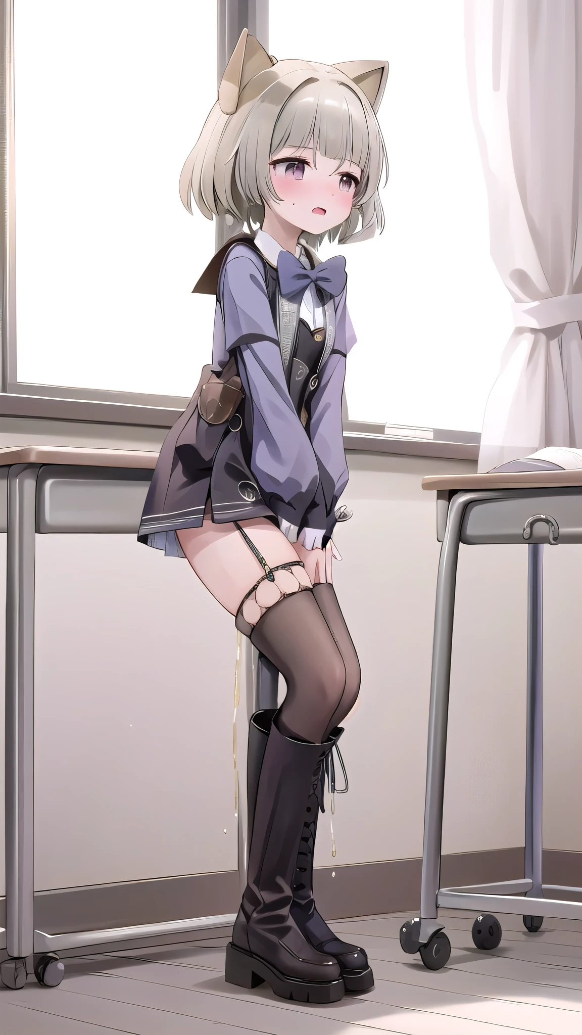 best quality，（Kawaii：1.1），（charming），（high resolution：1.2），Incredibly ridiculous resources：1.3，Incredibly beautiful illustrations，charming女性 ，peeing self，black leather boots，peeing，Wetting self desperation in the classroom