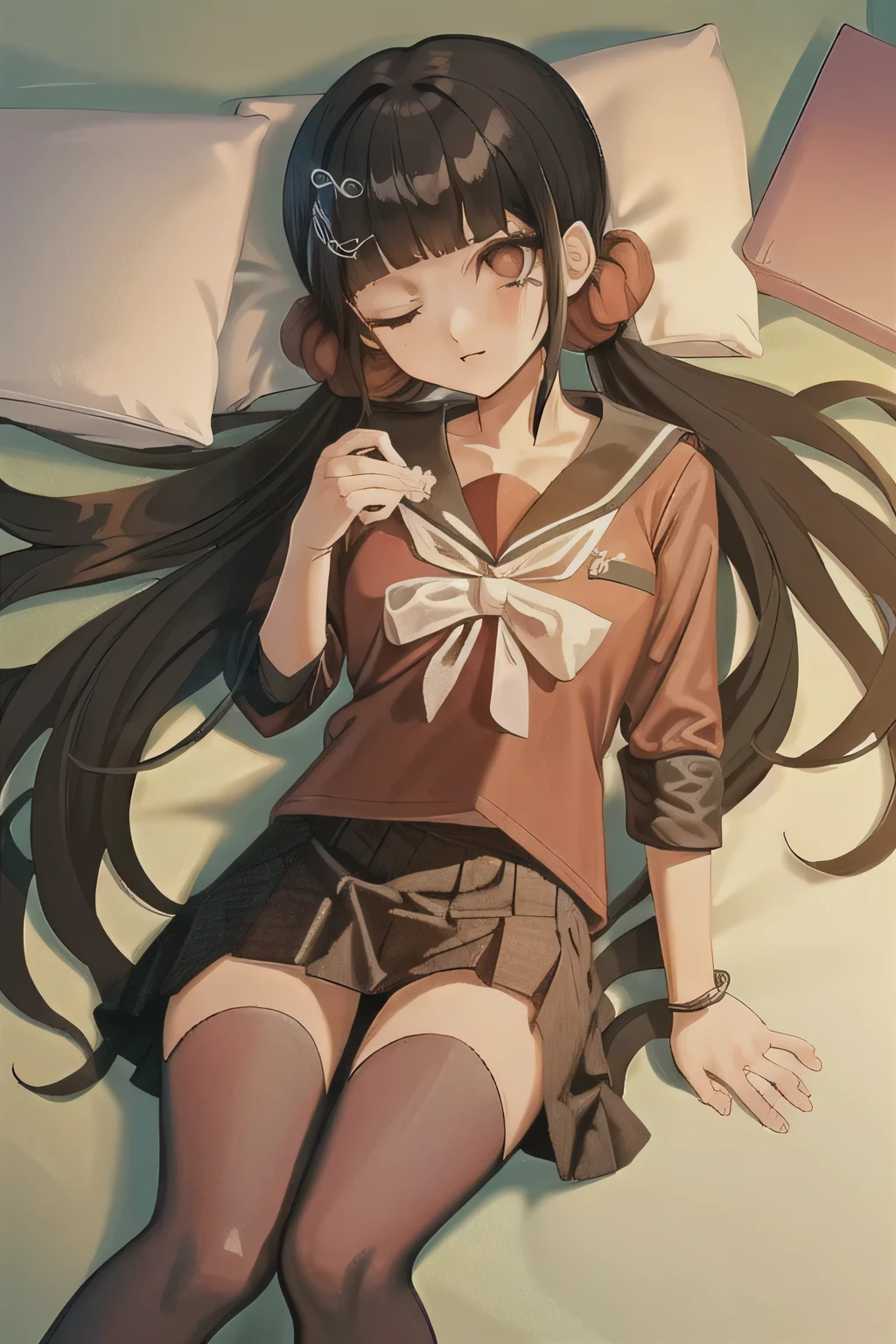 Girl with closed eyes sleeping is lying in a bed sleeping with you. Danganronpa Maki Harukawa, 1girl, red scrunchie, hair scrunchie, red legwear, thighhighs, skirt, school uniform, solo, red shirt, pleated skirt, bangs, shirt, eyes closed because she sleep in bed, sailor collar, serafuku, long sleeves, sitting, blunt bangs, hairclip, black skirt, breasts, closed mouth, black sailor collar, eyebrows visible through hair, zettai ryouiki, bedroom background, collarbone, futa, bisexual. 