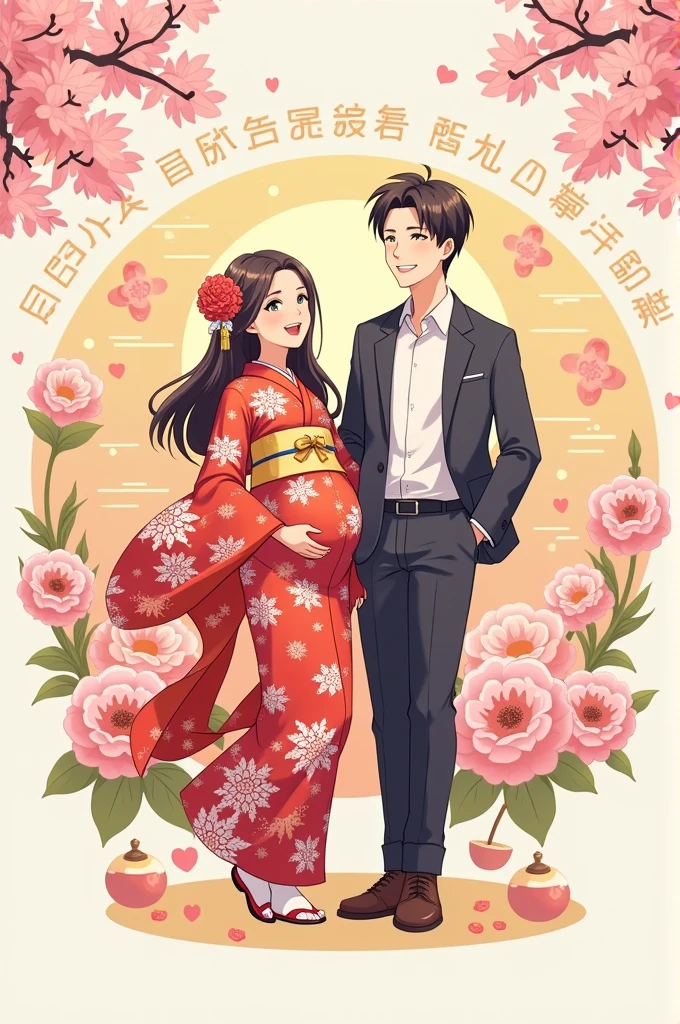 masterpiece，best quality，Side lights for couples，lens flare glow，Ray tracing，sharp focus，Wearing Hanfu，A beautiful man talking to his pregnant wife，Under the peach blossom tree