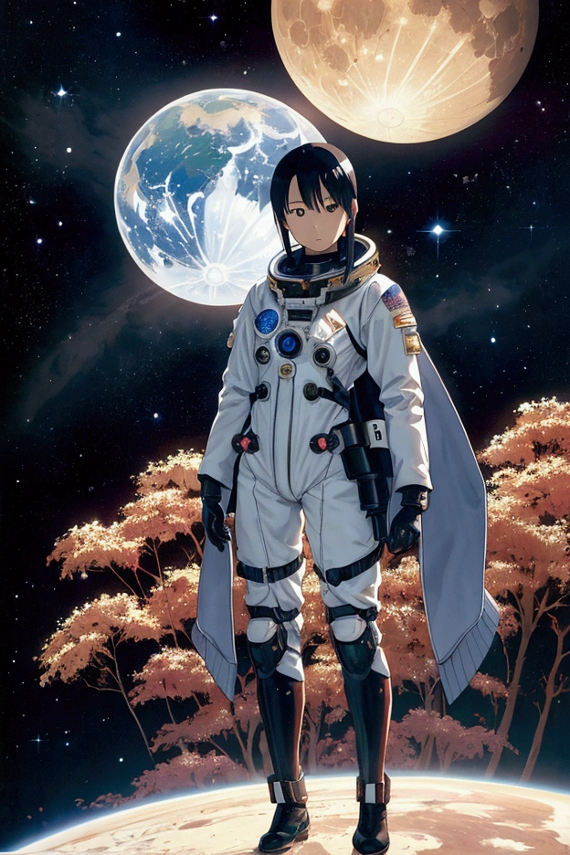 Naoyuki Kato, Peter Elson, Richard Clifton-Dey, Danny Flynn, Izumi Kazuto, Surrealism, wonder, strange, bizarre, fantasy, Sci-fi, Japanese anime, beautiful girl in a space suit standing on the full moon and looking at the earth, perfect voluminous body, the solar system is in my garden, inside and outside the box, detailed masterpiece 