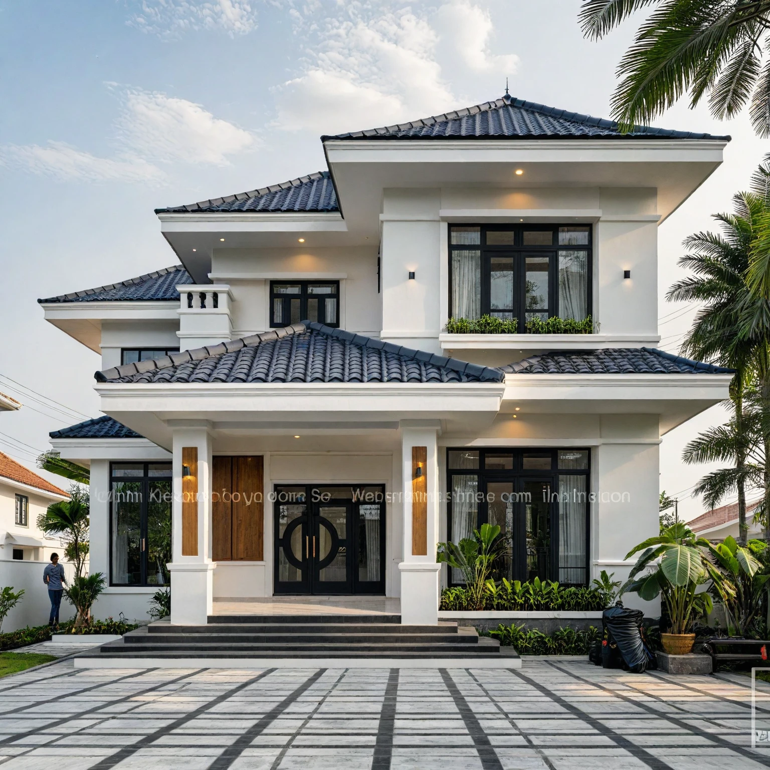 (masterpiece:1.2), best quality, photo of A two-story modern house in VietNam with white walls and dark tiles on the roof., tree and plant environment,daylight, streetcapes, natural light, vivid color, The exterior of an elegant single family home features large windows, a dark gray door frame.