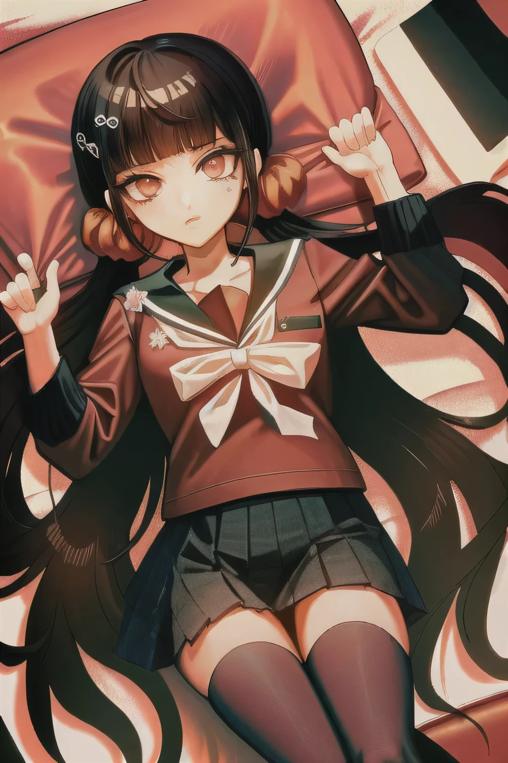 Girl with closed eyes sleeping is lying in a bed sleeping with you. Danganronpa Maki Harukawa, 1girl, red scrunchie, hair scrunchie, red legwear, thighhighs, skirt, school uniform, solo, red shirt, pleated skirt, bangs, shirt, eyes closed because she sleep in bed, sailor collar, serafuku, long sleeves, sitting, blunt bangs, hairclip, black skirt, breasts, closed mouth, black sailor collar, eyebrows visible through hair, zettai ryouiki, bedroom background, collarbone, futa, bisexual. 