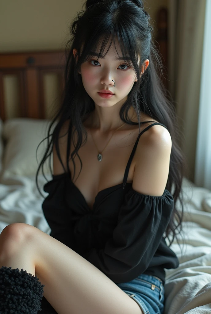 (Highest quality, masterpiece:1.2, Ultra-high resolution), (Reality: 1.4), Original photo, Japanese, One girl, Beautiful breasts, , Beautiful Skin, ((Off the shoulder, dress)), Cinema Lighting, Ultra-detailed, night, trip, Stylish, Female Sniper, (Emanating an aura)