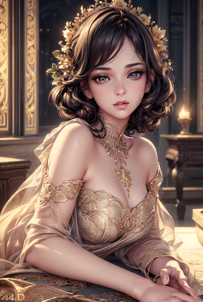 (masterpiece:1.2),(best quality:1.3),(photorealistic:1.4),(Realistic:1.4),
a photo of a caucasian woman,supermodel,solo,((full sharp,highly detailed)),Detailed Skin Textures,detailed,detailed skin pores,film grain,long lashes,mascara,aegyo sal,cleavage visible,bangs,(short hair),(Amorous eyes),oval face,visible,earring,necklace,medium breasts,(fair skin:1.2,Soft and tender skin),mazing eyes,Headpiece,
(front:1.5),(facing viewer:1.3),view from top,(close up shot :1.5),
(bare shoulders:1.3),Shame,Blush,orgasm,restrained, cleavage ,Desire expression,
<lora:more_details:1> <lora:LowRA:0.2>,