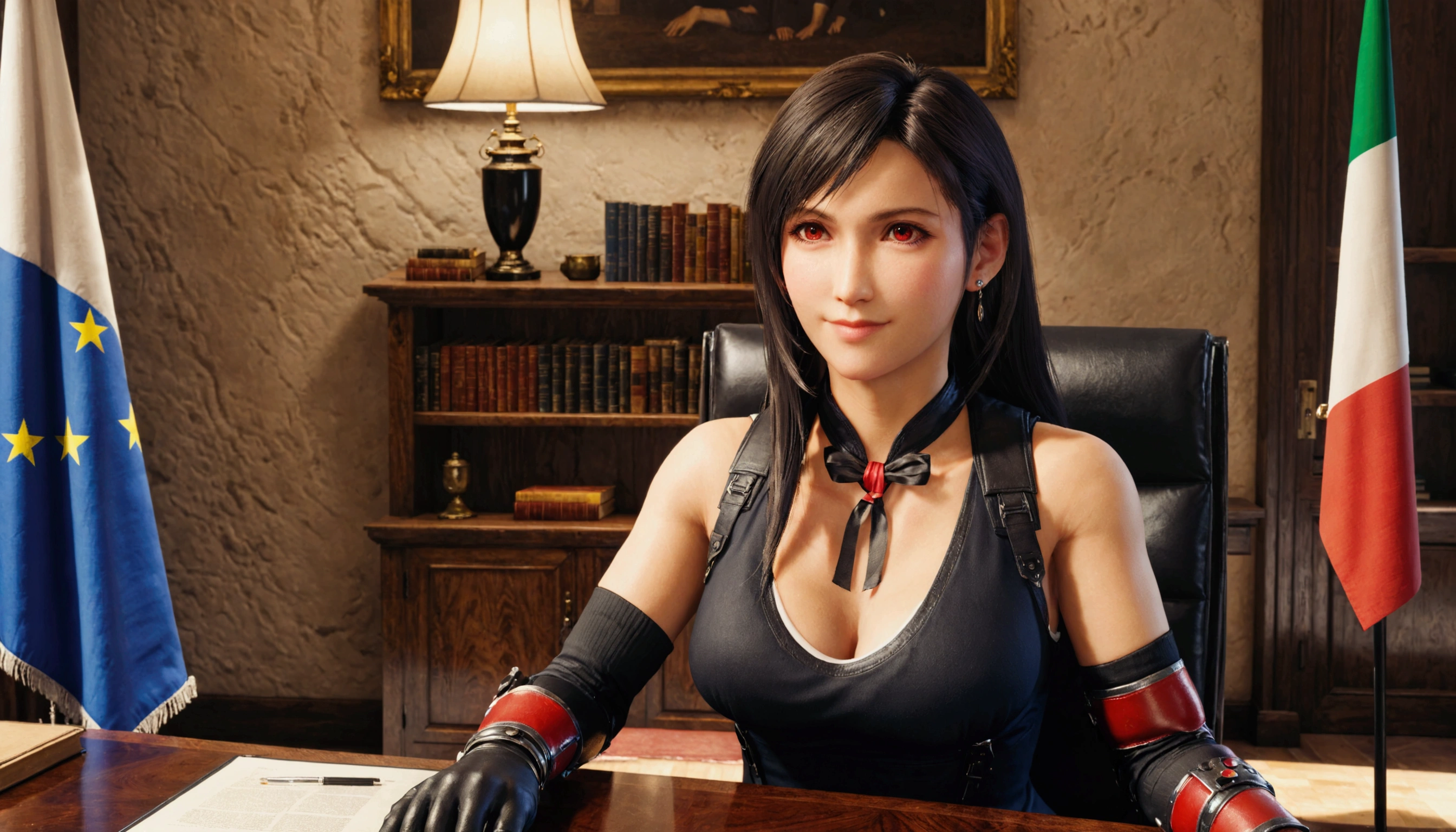 8k,wallpaper of extremely detailed CG unit, ​masterpiece,hight resolution,top-quality,top-quality real texture skin,hyper realisitic,increase the resolution,RAW photos,best qualtiy,highly detailed,the wallpaper,cinematic lighting,ray trace,golden ratio, BREAK ,1girl\(TIFA LOCKHART\(FINAL FANTASY VII REMAKE\),wearing well-tailored expensive tailor-made suit,red eyes, black hair, low-tied long hair, earrings,arm warmers, black elbow gloves, elbow pads, red gloves, big breast,smiling peacefully to the viewer, beautiful, elegance\), the EU flag and (Italy flag):1.3, seated at a heavy table and chair in the (Italian president's office),a magnificent bookshelfs with many big hardcover books behind,3D