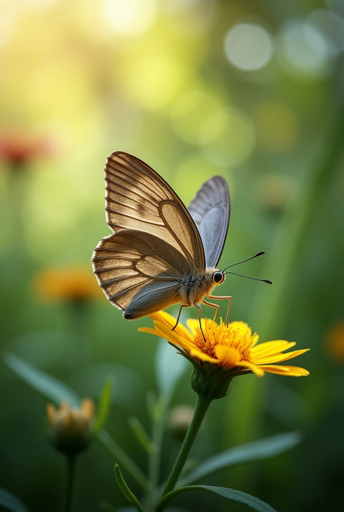 An Award Winning Photograph Captured in Bold Realistic Details, Every feature is well-defined, from the delicate scales on its wings to the fine hairs on its body. The background is softly blurred, bringing the butterfly into perfect focus as it flutters against a backdrop of rich vegetation and dappled sunlight. The photograph depicts the butterfly's grace and beauty in a natural setting, with a level of detail that displays the glories of nature up close.