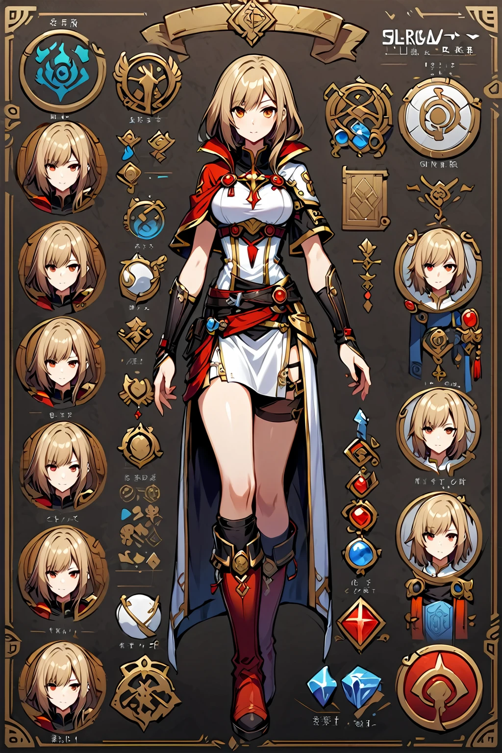 Clergy presentation, Female character design sheet for video games with detailed accessories, Boots, Multiple icons, chinese style, One-handed sword