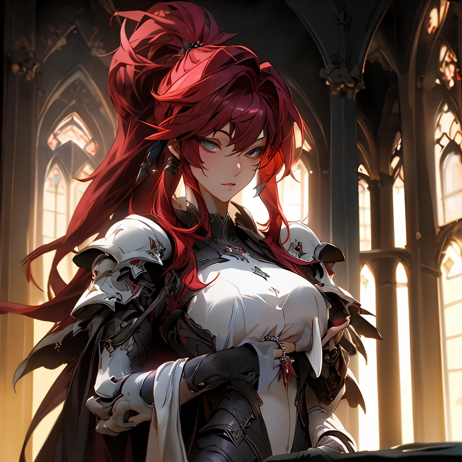 score_9, score_8_up, score_7_up, score_6_up, score_5_up, score_4_up, source_アニメ, tomboy girl, long hair, Bust Cup B , open-chest outfit, Guillotine Cross Set, breastplate, waist armor, Armor, red hair, metal hair accessories, red eyes, Sparkling eyes, sit, His right hand holds a vial of Potions. , Clear Red Crystal Potions Skull Shaped Test Bottle, light particles, Magical light