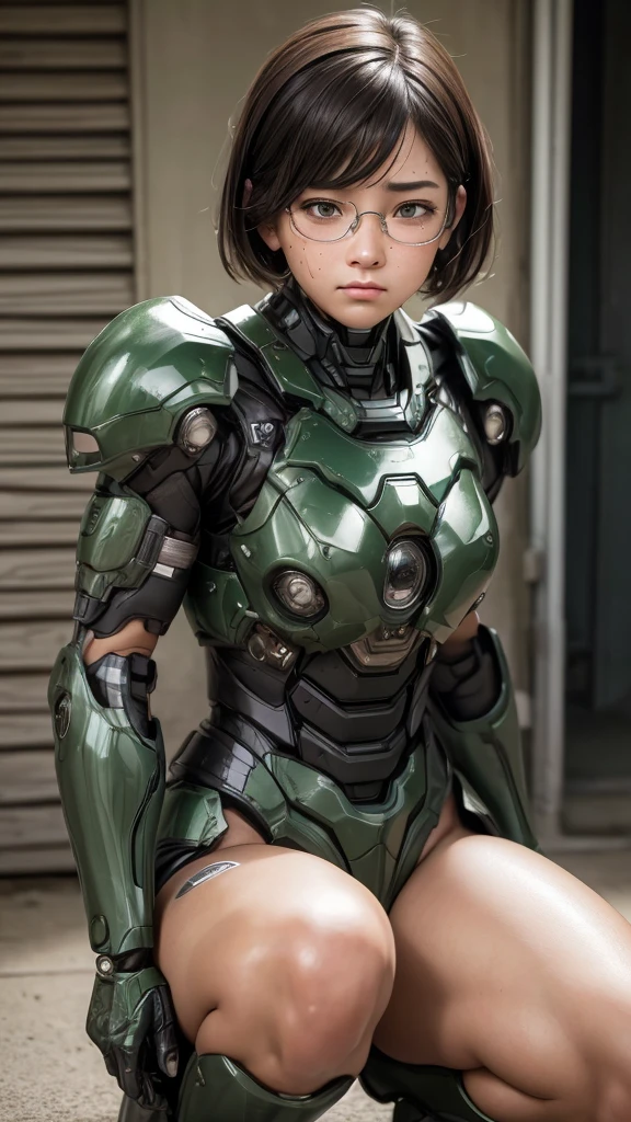 Textured skin, Super Detail, Attention to detail, high quality, 最high quality, High resolution, 1080P, hard disk, beautiful,(War Machine),beautifulサイボーグ女性,Dark Green Mecha Cyborg Girl,battle,Girl with a mechanical body,、Junior high school girl Very Short Hair、Sweaty brown eyes、Sweaty face、Embarrassed expression blush cute Black-haired ((Steam coming out of the head)) Glasses Rear view Low - Angle Spread your legs I can see the vagina (Shyness) Cramp