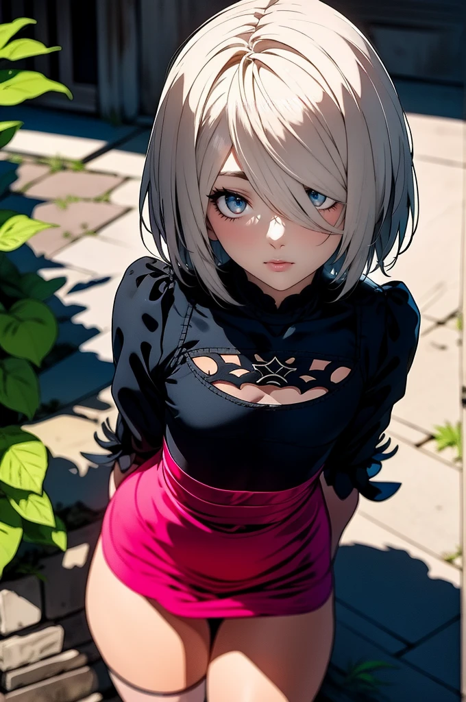 NieR,2B,masterpiece, best quality, {{{masterpiece}}}, {{{best quality}}}, {{ultra-detailed}}, {illustration}, {{detailed and intricate,delicate composition}},{deep-silky-healthy-lackwarm-foundational-soft-skin},thick outline,1girl,,{{{{ぷに,chibi}}}},flat chest,purple eyes,{{clear eyes}},gradient eyes,{{jitome}},her eyes look dead,{{{{{expressionless}}}}},clear face,{{Light blue hair,pink innercolor hair}} ,gradient color bob hair,messy hair,pink backless dress,{dark pink cardigan}, small breasts,clear face, {{{{{footjob}}}}},expressionless,japan alley,Hydrangea,beautiful landscape,