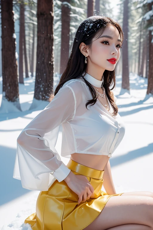 (masterpiece, realistic, high resolution), ((1 girl): 1.2), Chinese, ((black wavy hair): 1.3), (best quality detail: 1.2), (sexy beautiful legs: 1.2), realistic, 8K HD, super detailed, high quality texture, complex details, detailed texture, fine details, high detail, very detailed cg, delicate beautiful delicate face, (delicate beautiful delicate eyes: 1.32), (heterochromic eyes: 1.1, thick eyebrows), (a beautiful 25 year old cute Chinese beauty: 1.4), tie, (white transparent shirt, white transparent shorts: 1.3), ((medium breasts): 1.3, thighs), outdoors, blue sky and white clouds, upper body naked