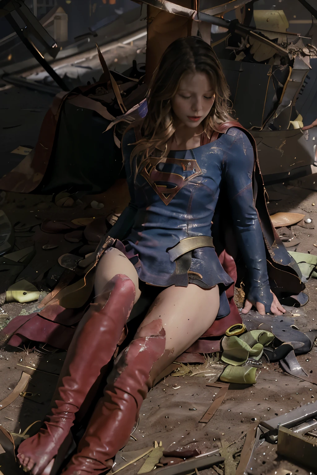 a photorealistic shoot from the feet of Supergirl, Melissa Benoist as supergirl, laying on her back on the ground, crucifixion, unconscious, eyes close, wound from fighting, (tattered:1.4) laying down on your back, lie down, lying dead, wound, (shoot from her feet:1.6), ((whole body visible)), ((full body shoot)),