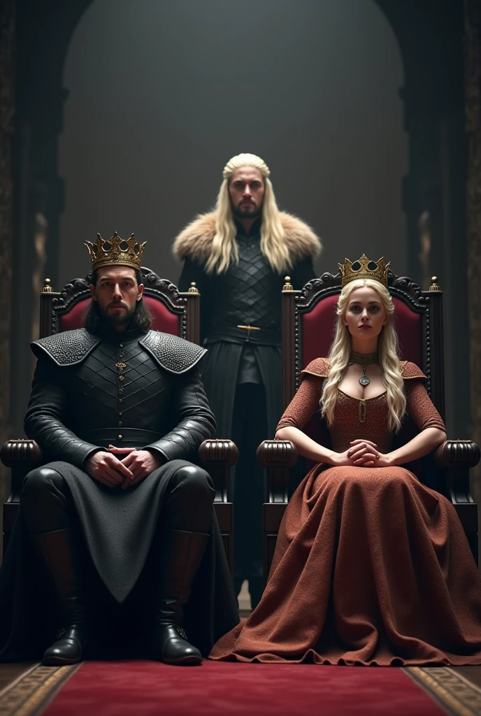 A strong 30 year old man, brawny, shorth hair, Jhon snow style, sitting on a throne in a dark hall, ((with a wooden crown,)) next to him a 20 year old girl, blonde like golden threads, face angelica sitting on another throne with a crown of bones Sansa Stark style The man wears a wooden crown.
They look forward 