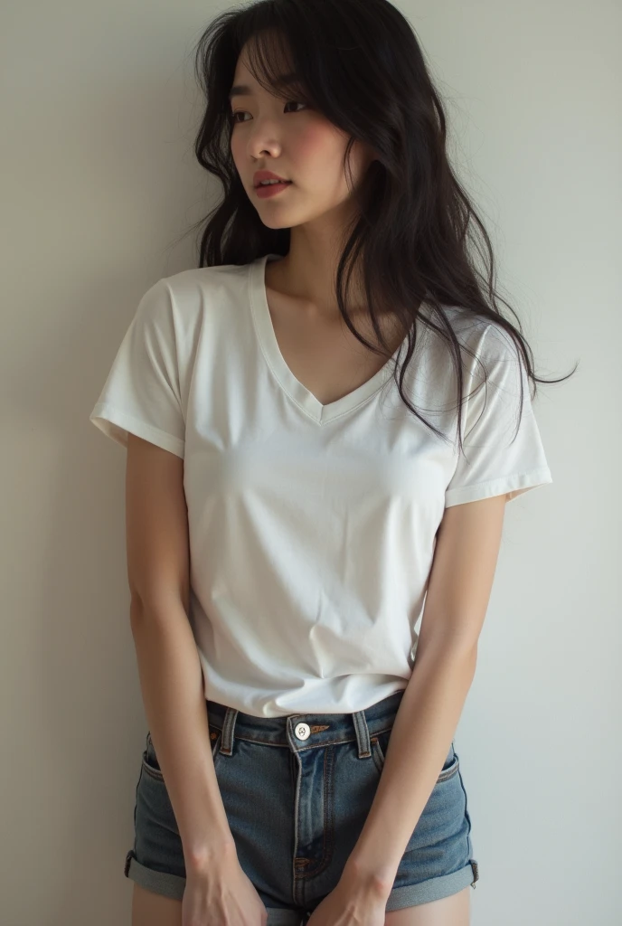 arafed asian woman with freckles and red lipstick looking at the camera, detailed face of an asian girl, southeast asian with round face, korean face features, asian face, korean symmetrical face, freckled face, sparse freckles, woman with freckles, markings on her face, asian features, light freckles, young adorable korean face, she full body wearing a long sleeve blouse and jeans with a black nike sneaker