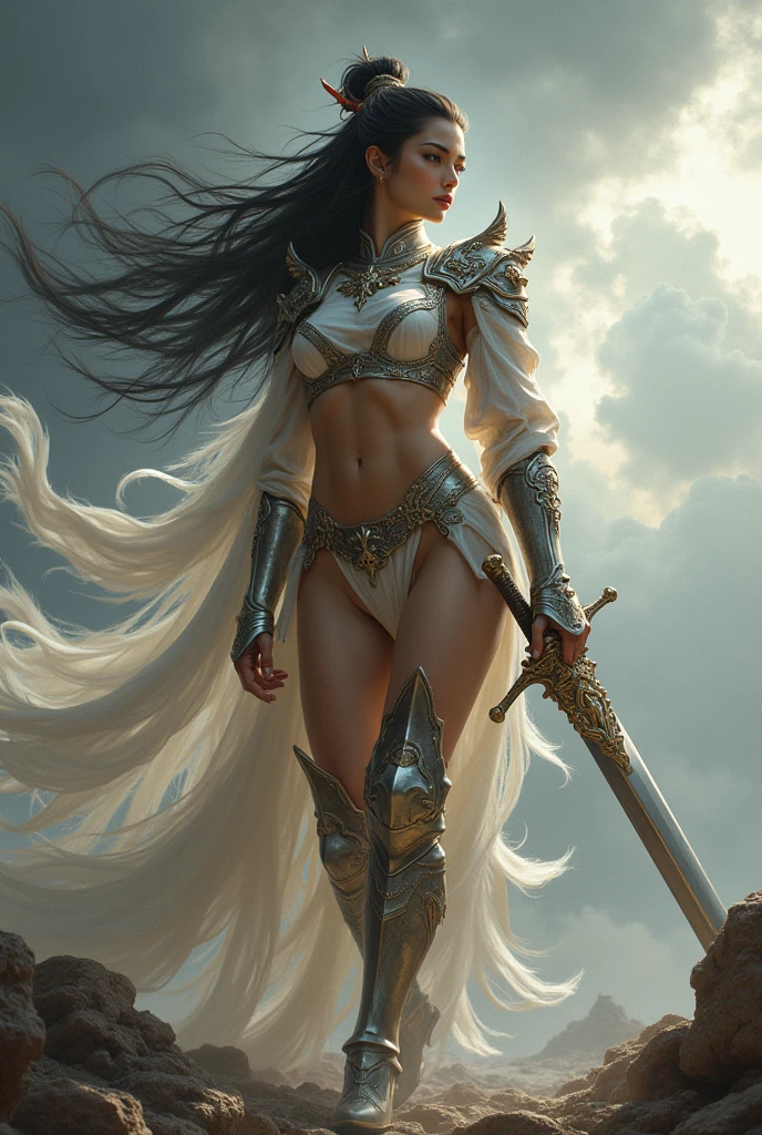 a sexy woman in armor standing on a rocky hill, bikini armor female knight, fantasy woman, fantasy warrior, by Yang J, very beautiful female barbarian, warrior girl, beautiful female warrior, female warrior, style of raymond swanland, tyler edlin fantasy art, a very beautiful berserker woman, artgerm julie bell beeple, wojtek fus, movie goddess body photo, fantasy woman, inspired by WLOP, wlop and ArtGerm, wlop style, wlop art, deviantart cgscosiety art station, wlop art, hyper detailed fantasy character, fantasy costume, realistic fantasy depiction, Best in WLOP, (nsfw:1.5), ((BEAUTIFUL WOMAN standing on the mountain)), sunset sky, red sunset clouds, sunset, long hair in the wind, fantasy, overexposure, perfect eyes, metallic colors, surreal art , full body, view of mountainous horizon, lake in the distance, lady in the center of the scene, ((huge full moon in front of the sun)), ((naked woman in transparent clothing)), ( (dark storm clouds with lightning)), ((lightning) ), ((light drizzle, fog in the distance)), goddess on the top of the mountain, ((goddess with exaggeratedly long brown and black hair)), ((girl standing on a rock)), ((girl on the mountain looking into the emptiness of the valley)), ((lamp and flashlight)), (night light)), ((face of Caucasian European girl)). ((Viking queen face)), ((semi-naked Viking queen)), ((transparent clothing shows naked body)), ((small breasts)), ((skin wet by rainwater)), ((skin bright and wet )), slight smile, ((light drizzle with lightning)), light armor showing naked body, ((stunning female model seen from below)), angle from below, realistic skin), reflective Victorian paint with a remarkably vivid complexity, ((shield)), ((viking warrior shield)),