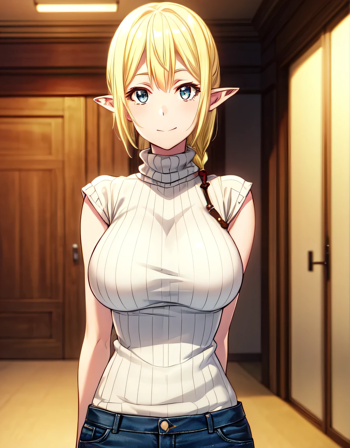 Tuka Luna Marceau,(blue eyes),blonde hair,long hair,pointy ears,ribbed sweater,turtleneck,sweater,sleeveless,jeans,(large breasts:1.55),(shiny,hair),((solo)),((masterpiece)),((best quality)),perfect anatomy,slim waist,perfect image,8k UHD,(beautiful detailed eyes:1.5),extremely detailed face,standing,(upper body:1.25),(look at the front:1.5),arms behindback,ultra-detailed,absurdres,ultara-highres,smile,indoor room,