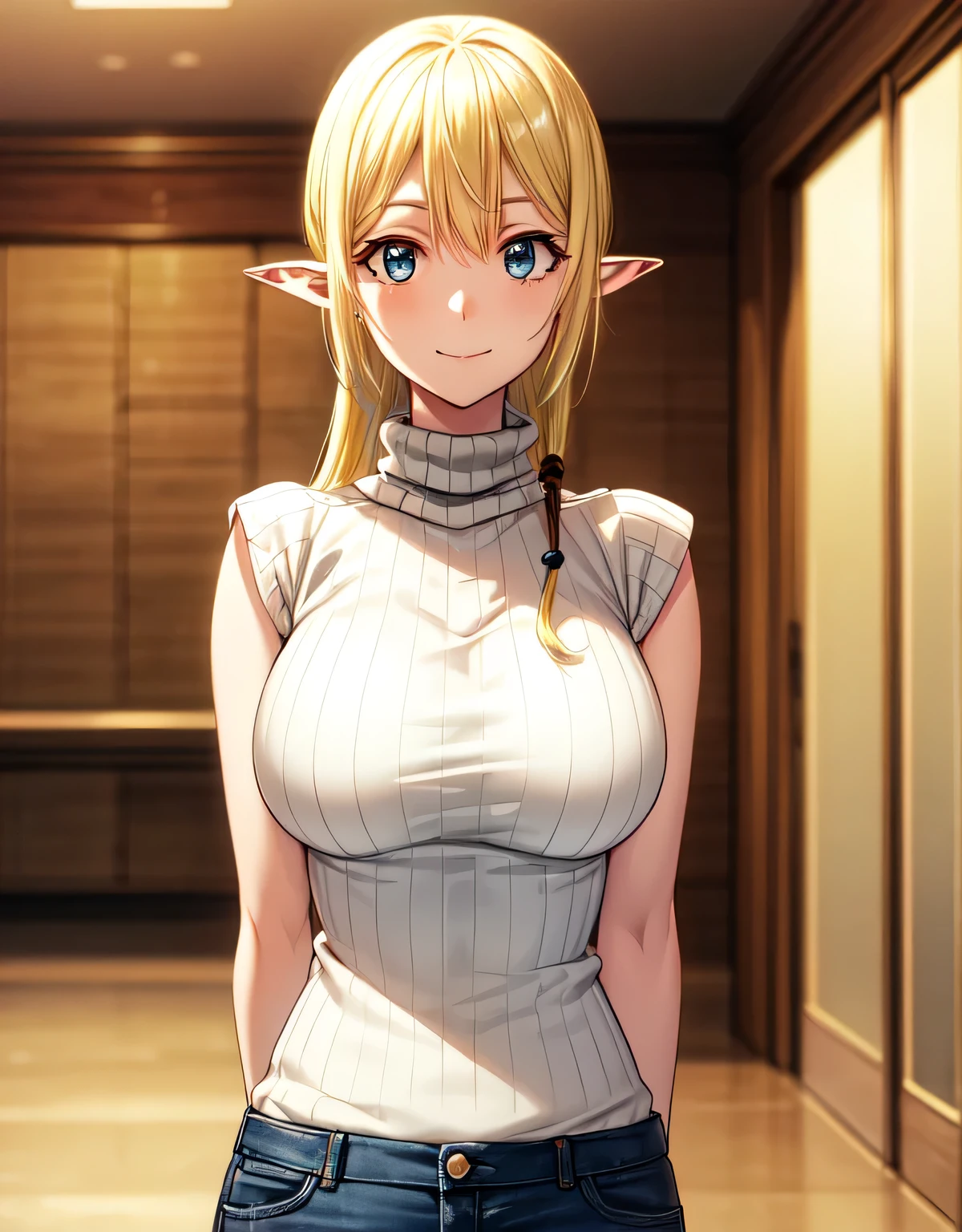 Tuka Luna Marceau,(blue eyes),blonde hair,long hair,pointy ears,ribbed sweater,turtleneck,sweater,sleeveless,jeans,(large breasts:1.55),(shiny,hair),((solo)),((masterpiece)),((best quality)),perfect anatomy,slim waist,perfect image,8k UHD,(beautiful detailed eyes:1.5),extremely detailed face,standing,(upper body:1.25),(look at the front:1.5),arms behindback,ultra-detailed,absurdres,ultara-highres,smile,indoor room,