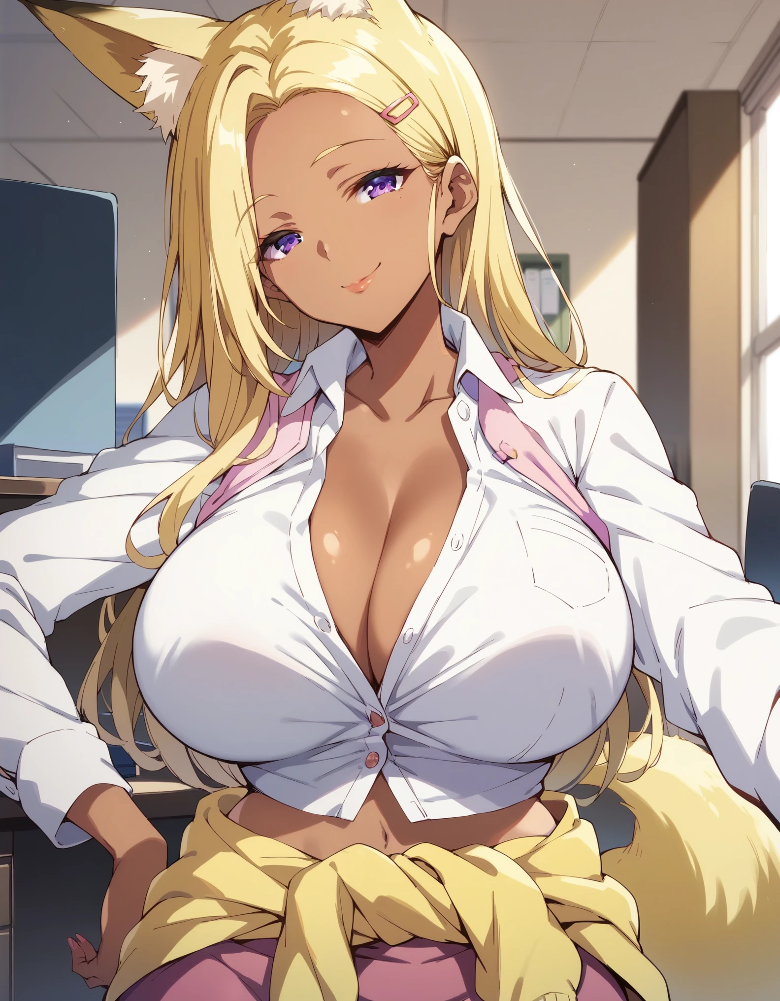 masterpiece, score_9, score_8_up, score_7_up, source_anime, extremely detailed, high quality, 1girl, milf, solo, (dark skin, black skin:1.8), (huge breasts), ((((blonde hair), long hair, purple eyes, yellow fox ears, yellow fox tail))), purple lips, (((hairclip, white shirt, long sleeves, partially unbuttoned, crop top, jacket around waist, medium pink skirt))), ((seductive smile), closed mouth), ((indoor, office))