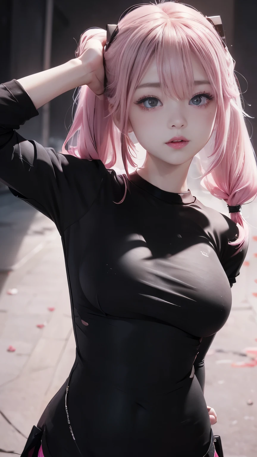 ((Upper body photo))、Cute Face、Pink Hair、Long Hair、Twin tails、White skin、((Photographed from the front:1.5 ))、((Tight black t-shirt:1.5)), ((Big Breasts)),masterpiece