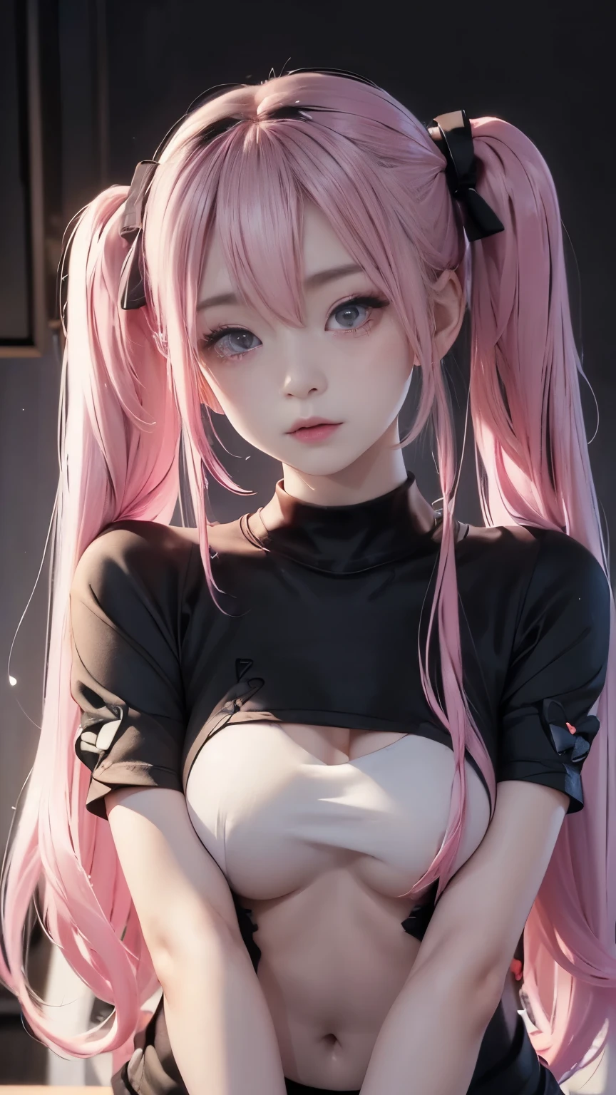 ((Upper body photo))、Cute Face、Pink Hair、Long Hair、Twin tails、White skin、((Photographed from the front:1.5 ))、((Tight black t-shirt:1.5)), ((Big Breasts)),masterpiece