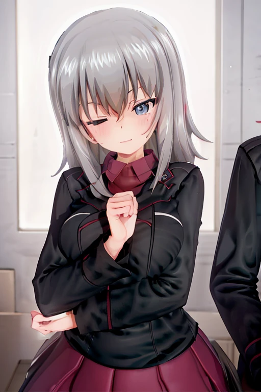 Girls und panzer, itsumi erika, 1girl, blue eyes, blush, closed mouth, dress, fang, grey hair, half-closed eye, heart, heart hands, looking at viewer, medium hair, one eye closed, skin fang, smile, solo, standing, sweatdrop, upper body, small breasts