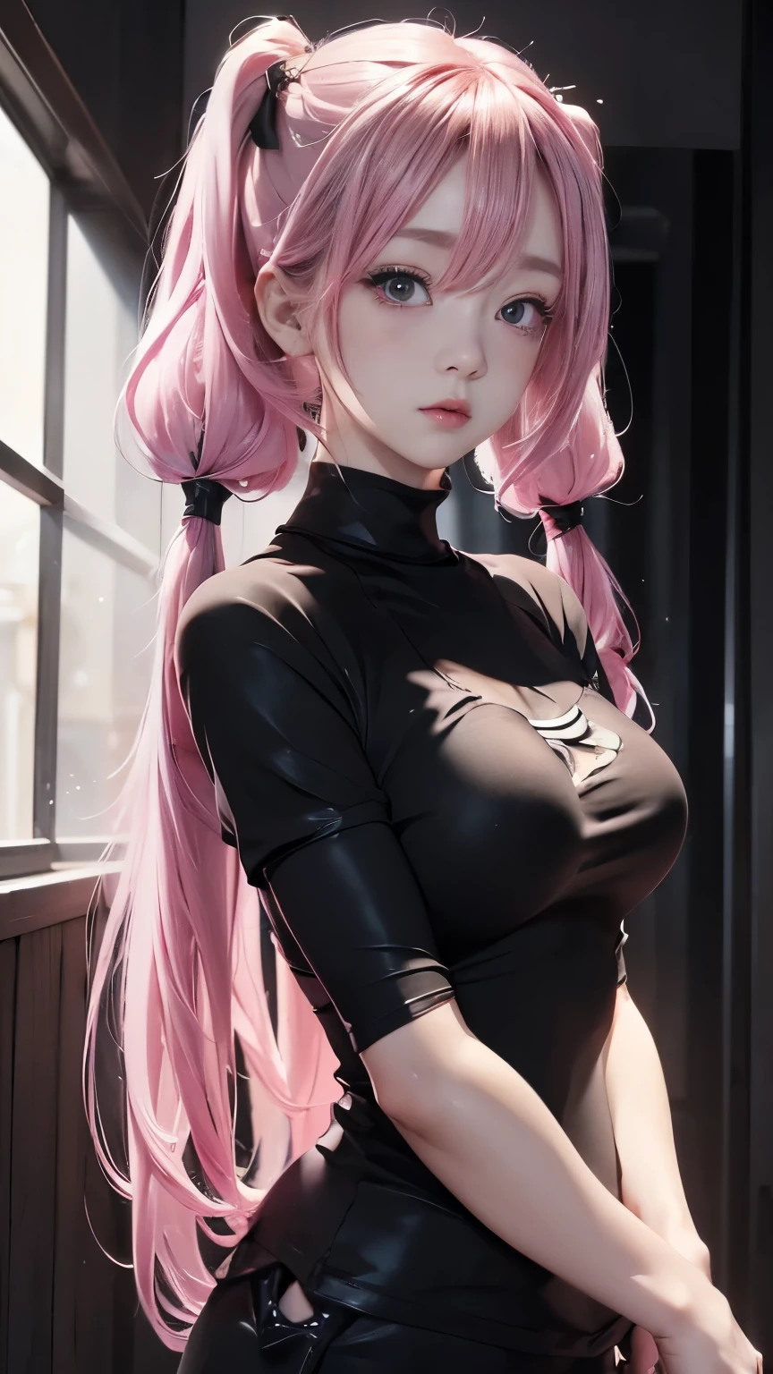 ((Upper body photo))、Cute Face、Pink Hair、Long Hair、Twin tails、White skin、((Photographed from the front:1.5 ))、((Tight black t-shirt:1.5)), ((Big Breasts)),masterpiece