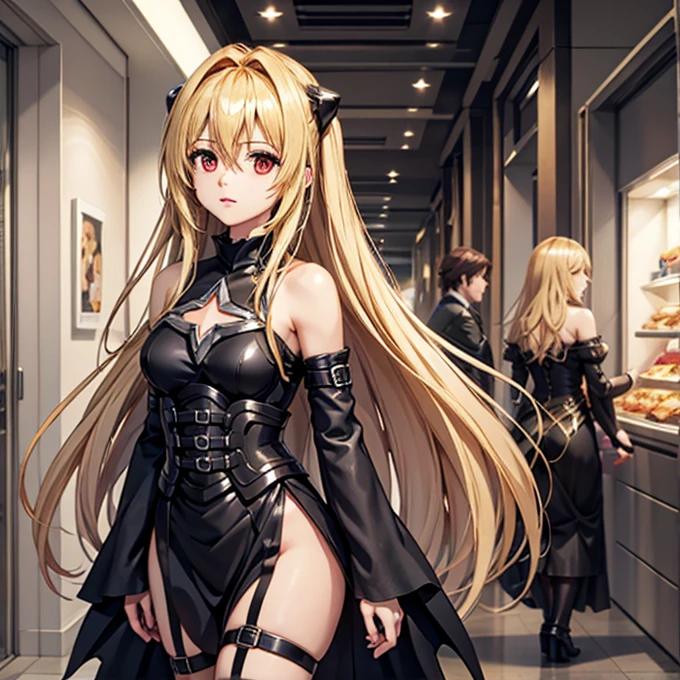 (masterpiece, best quality), intricate details,
1 girl, golden_darkness, long hair, very long hair, double sided up, hair accessory, medium breasts, hair intake, hair between eyes, golden_darkness, long hair, very long hair, double sided up, looking at viewer, thigh straps, hair accessory, detachable sleeves, hair intake, bare shoulders, medium breasts, hair between eyes, dress,
small breasts, indoors, mall, shoping mall