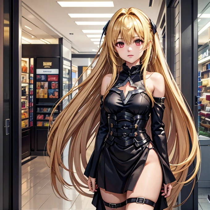 (masterpiece, best quality), intricate details,
1 girl, golden_darkness, long hair, very long hair, double sided up, hair accessory, medium breasts, hair intake, hair between eyes, golden_darkness, long hair, very long hair, double sided up, looking at viewer, thigh straps, hair accessory, detachable sleeves, hair intake, bare shoulders, medium breasts, hair between eyes, dress,
small breasts, indoors, mall, shoping mall