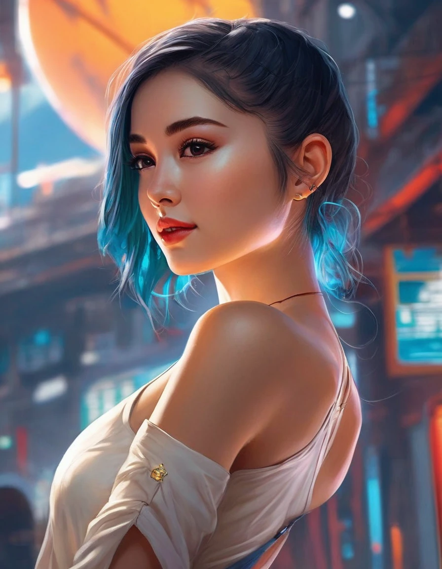 Half-length photo，woman with a beautiful face and flawless skin in the style of greg rutkowski artgerm ross tran ilyA kuvshinov paul lehr dramatic studio lighting hyperrealistic 8k resolution trending on Artstation concept design digital painting cyberpunk sharp focus illustration octane render unreal engine 5 4d ultra hdr Very detailed intricate matte background photorealism cinematic masterpiece fine portrait, Realistic shadows，Post-processing glow、Rich、Vibrant colors，Powerful imagery，NASA Photos - True Quality，Minimal detail，3d . The award-winning, professional, Very detailed