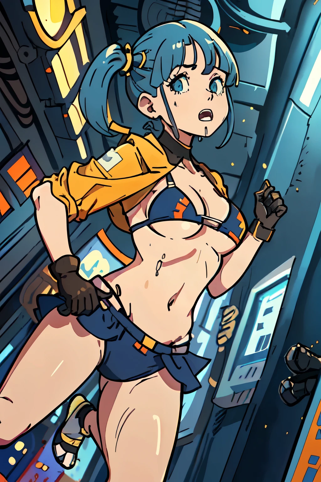 best quality, masterpiece, 1 girl, (dutch angle:1.5), (standing on one leg:1.2), (drooling:1.4), (low short twintails hair with bangs:1.3), blue and yellow bikini, cloak, gloves, (medium breast, cleavage, underboobs:1.3), (metro station:1.2), lively, bustling, cyber