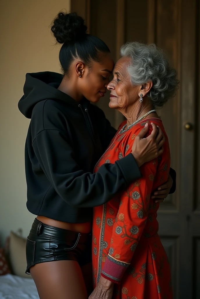 black woman hair in a bun black hoodie black leather short shorts a old grandma in a dress on her knees kissing her ass behind her squeezing her butt