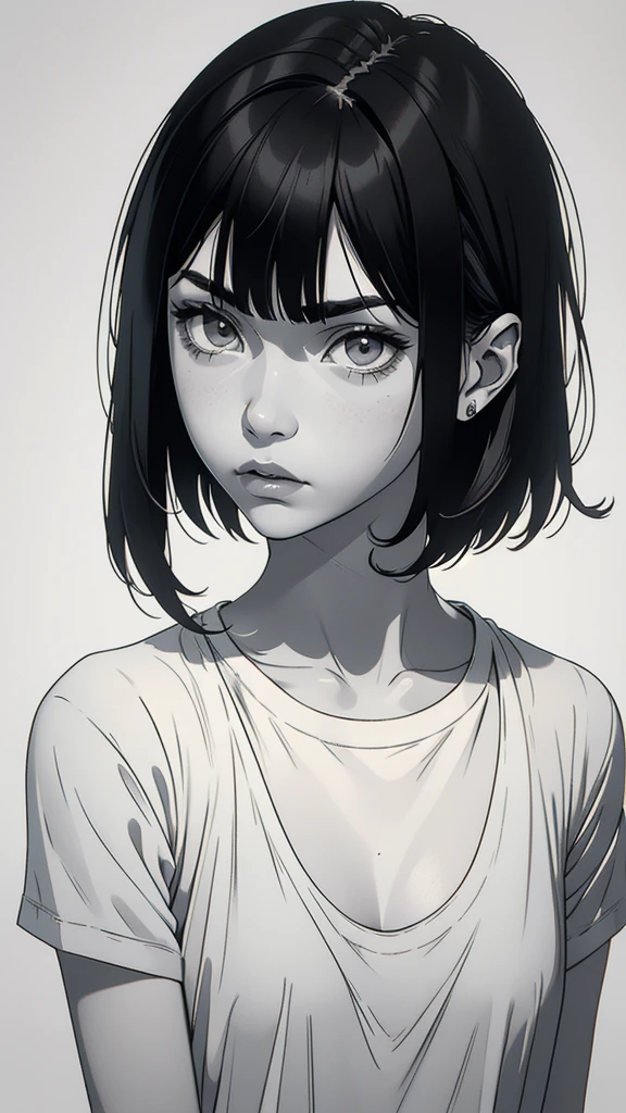 1 boyish girl, solo, sharp eyes, (monochrome), (greyscale), Light from the left, perfect contrast, shoulder length black bangs hair, portrait, (blank normal white T-shirt), Thin eyebrows, closed mouth, looking at viewer, detailed lips, hatching \(texture\), without makeup, upper body, (best illustration), (best quality), (very detailed), (masterpiece), expressionless,