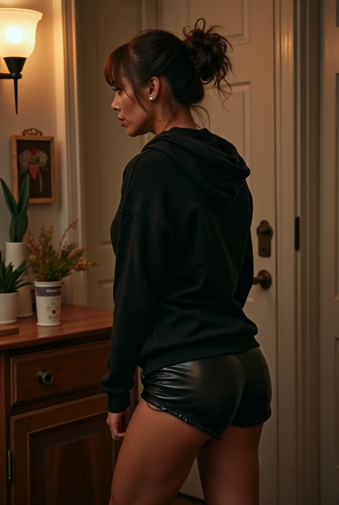 black woman hair in a bun black hoodie black leather short shorts being fucked in the ass by a old grandma in a dress