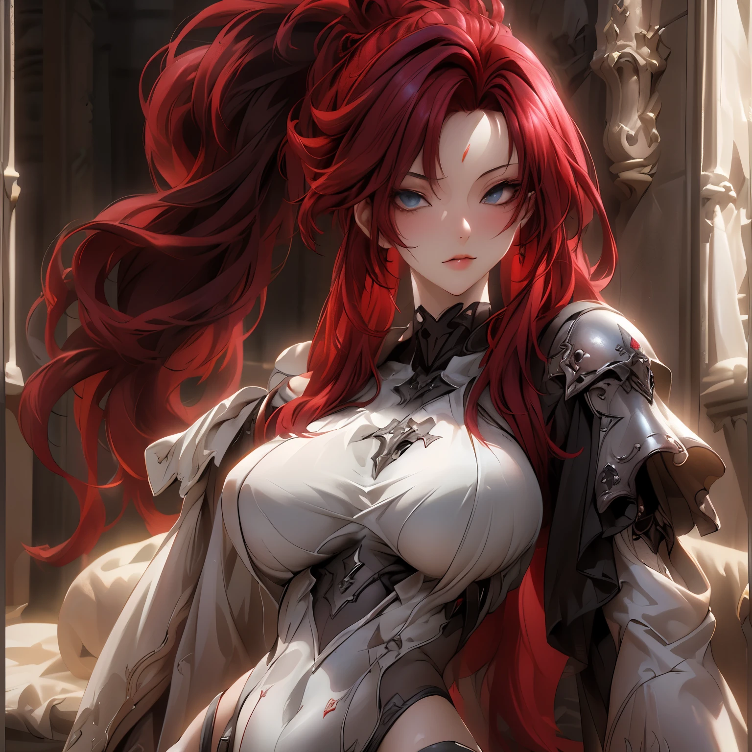 (best quality)), ((Masterpiece)), (details:1.4), 3d, HDR (high dynamic range), an image of a beautiful cyberpunk female, medieval, cyberpunk, red hair, high ponytail, Beautiful White eyes, จมูกโด่ง, ปากแดง, หน้าอกใหญ่, nvidia RTX, PBR surface, After processing, Anisotropic filtration,depth of field, Maximum clarity and clarity, multi-layered surface, Subsurface scattering, perfect proportions, 8K raw files, ultra detailed, Perfect proportions, volumetric lighting, soft lighting, Holy Paldin, Heavy black Armor, glossy skin, castle Background, ต่างหู,