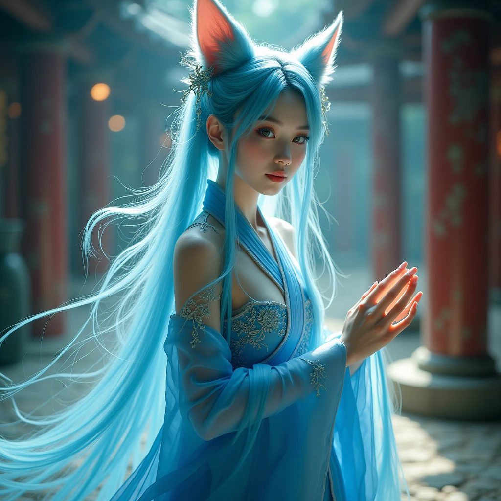 (best quality,4k,8k,highres,masterpiece:1.2),ultra-detailed, Chinese fox spirit Su Daji, blue traditional Chinese dress, HDR, 8k, absurdres, cinestill 800, sharp focus
