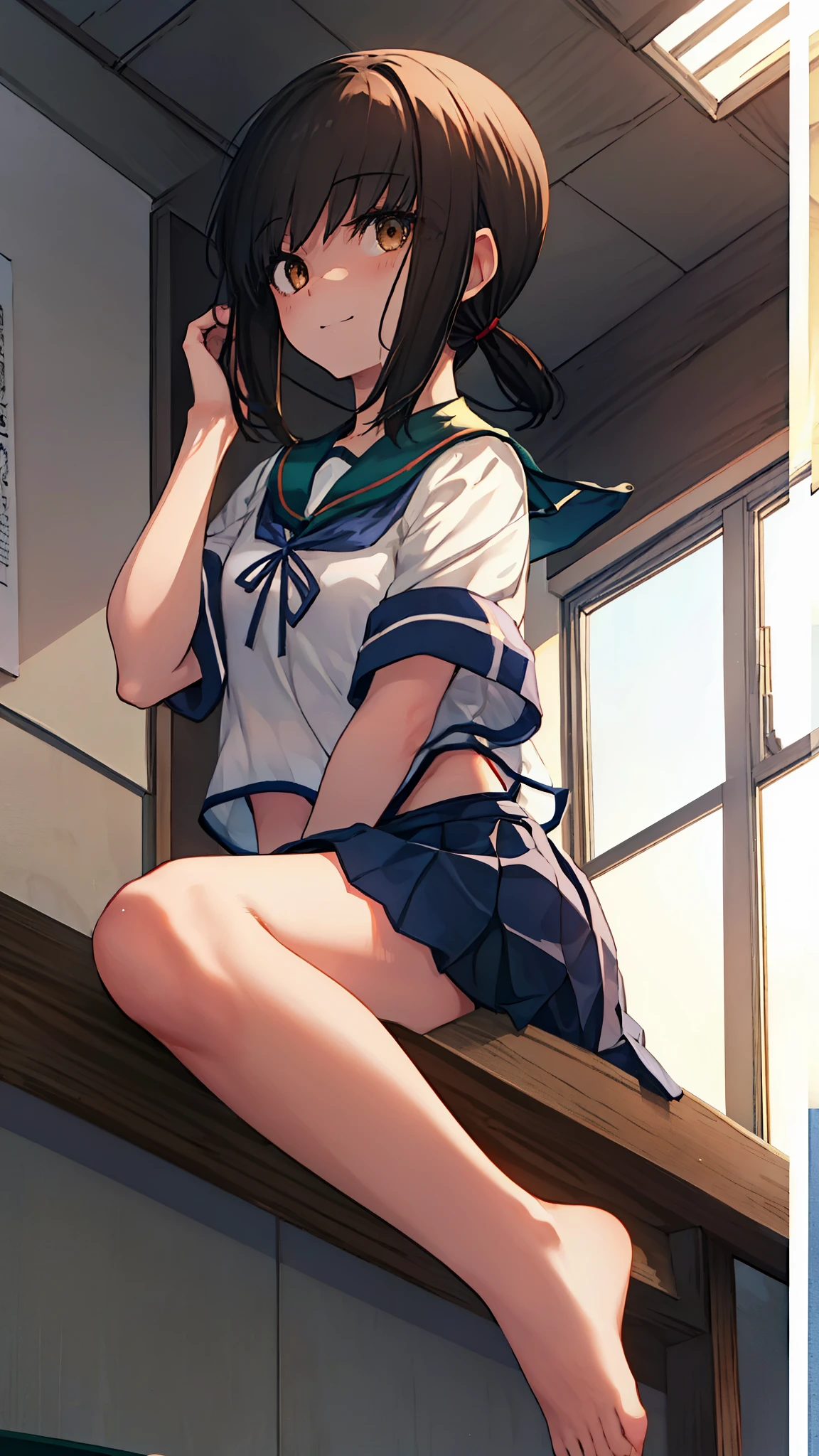 Fubuki, Kantai Collection, short hair, brown hair, (brown eyes:1.5), smile,smile,Sailor suit, Short sleeve_uniform, uniform, Navy Blue_skirt,The front is open,barefoot,window　building street,Sunlight through the gap between buildings,morning,sunrise,sitting in a chair,
BREAK indoors, living,
BREAK looking at viewer,
BREAK (masterpiece:1.2), highest quality, High resolution, unity 8k wallpaper, (figure:0.8), (detailed and beautiful eyes:1.6), highly detailed face, perfect lighting, Very detailed CG, (perfect hands, perfect anatomy),