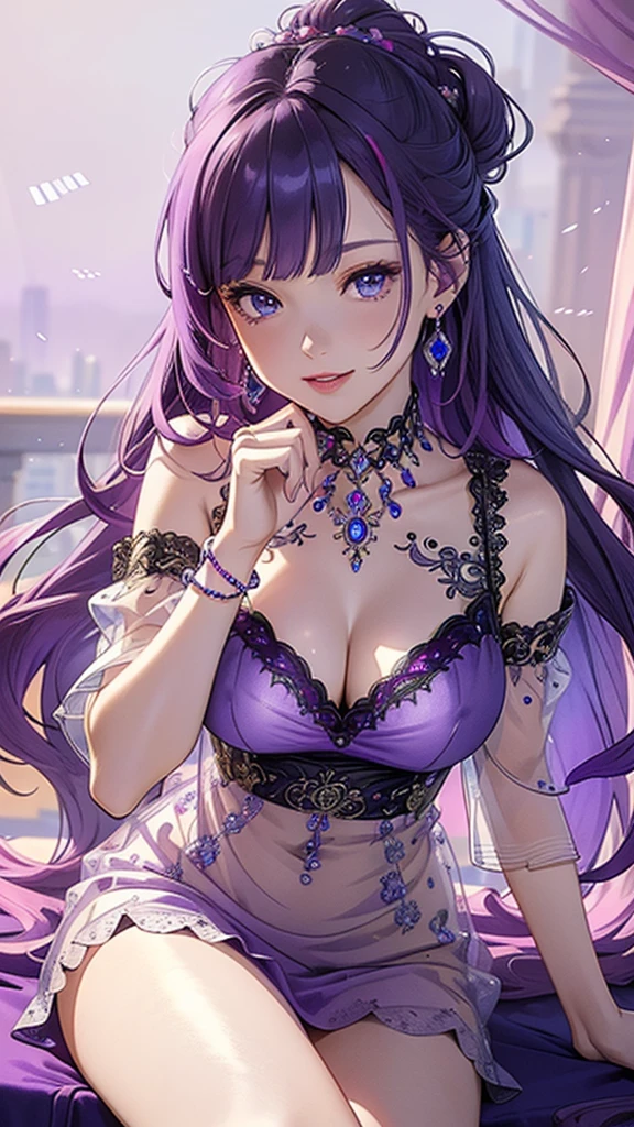 (((masterpiece, super high resolution, ultra HD, 8k quality))), (((woman in Purple see-through dress))), (((purple hair, updo))), purple eyes, ((bangs)), pink lips, tiara, scenery, sexy expression, ((highly detailed)), (perfectly detailed face), (detailed and carefully drawn hands), very large breasts, cute smile, photorealistic image, (((drawing from the knee up))), earrings, bracelet, ring