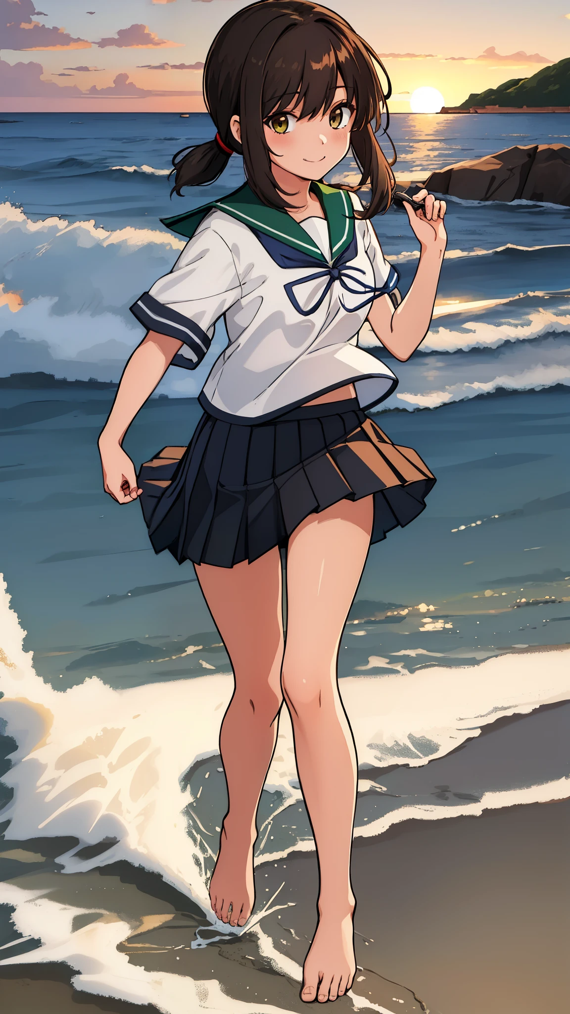 (masterpiece, best quality:1.2),illustration,8k,HD,Seaside,Sunset sky,1girl,solo,brown eye,barefoot,(portrait:1.2),black_hair,short_ponytail,white seraph,sidelocks,low_ponytail,green_eyes,smile,black_eyes,school_uniform,pleated_skirt,skirt,