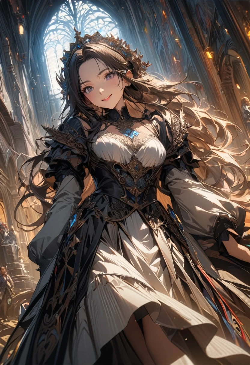 Anime Style、Full Body Shot,A beautiful 1 woman、Smile、 medieval fantasy inspiration, Elegant maid with fine frock coat and long grey striped skirt、 最high quality, 最high qualityの, high quality, Beautiful details, Intricate details, Incredible detail, Very detailed, intricate fine detail, Surreal, realistic paint, high qualityのテクスチャ, Colorful, Dark colors, Delicate and detailed brushwork, A very fine touch, super illustration, A true masterpiece, A masterpiece with attention to detail, super illustration of masterpiece, High Contrast, Tonal contrast, Movie stills, Movie angle, Cinema Lighting, Details behind the stunning locations, gem、shine、like、dream、beauty