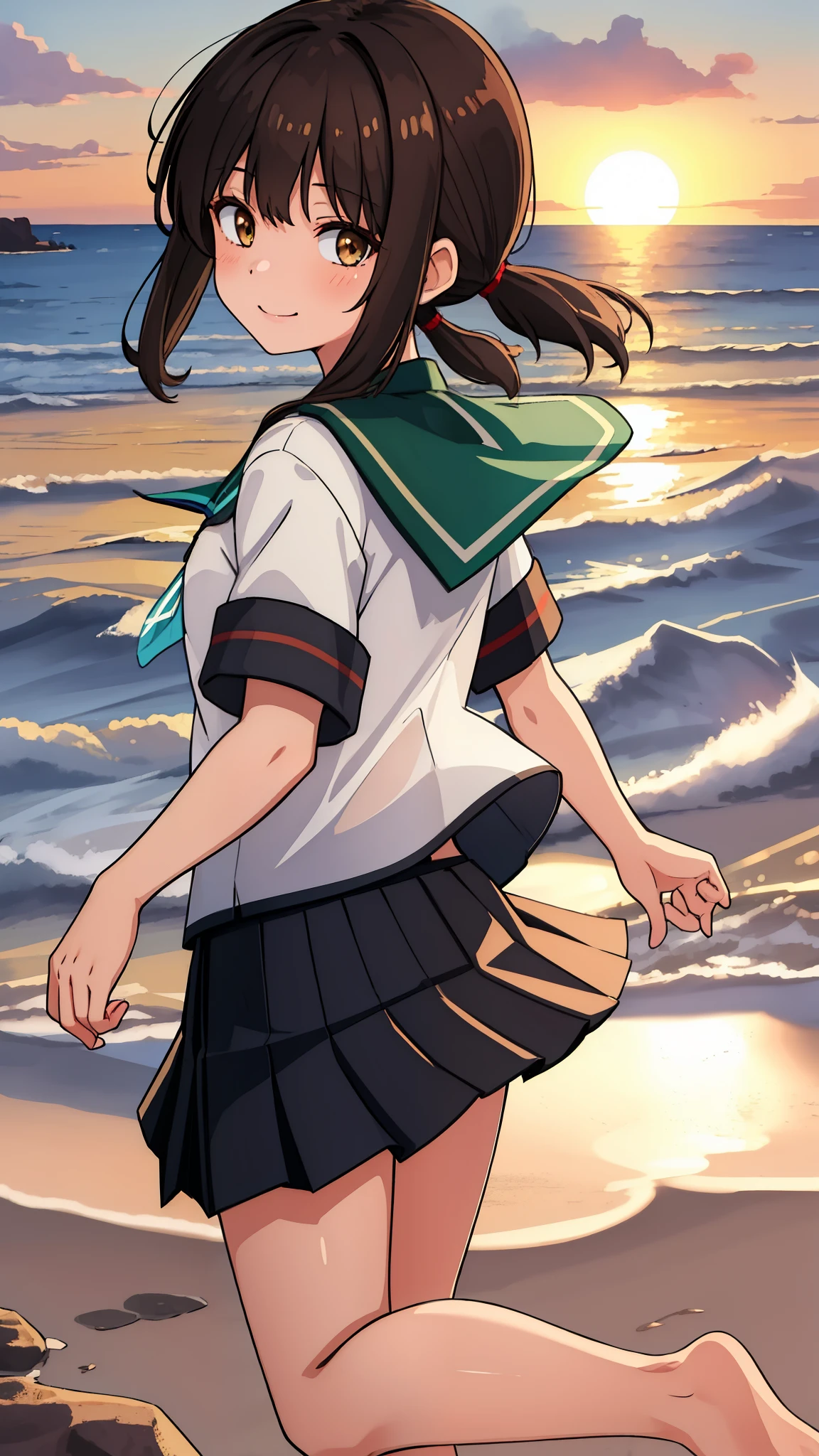 (masterpiece, best quality:1.2),illustration,8k,HD,Seaside,Sunset sky,1girl,solo,brown eye,barefoot,(portrait:1.2),black_hair,short_ponytail,white seraph,sidelocks,low_ponytail,green_eyes,smile,black_eyes,school_uniform,pleated_skirt,skirt,