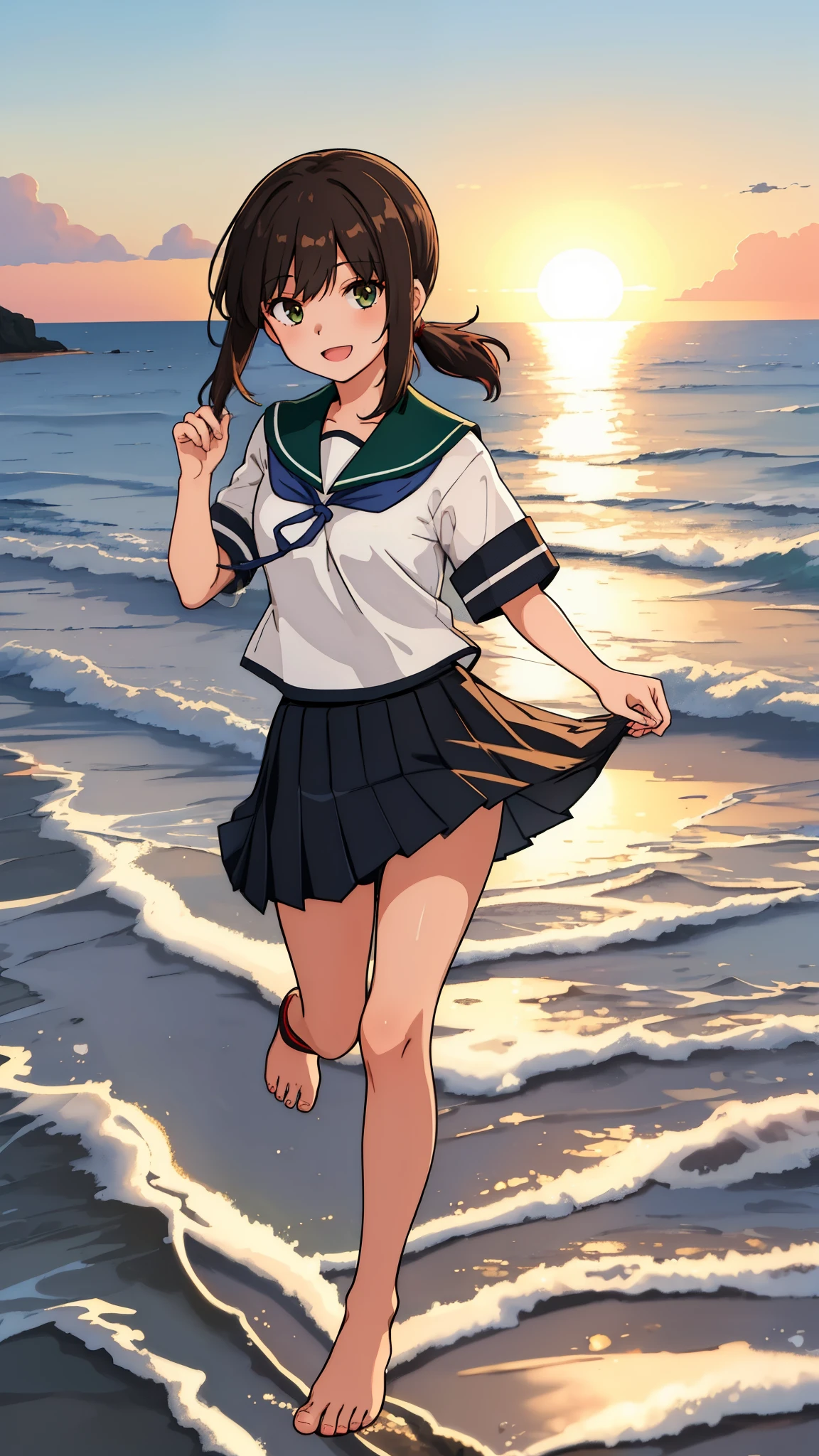 (masterpiece, best quality:1.2),illustration,8k,HD,Seaside,Sunset sky,1girl,solo,brown eye,barefoot,(portrait:1.2),black_hair,short_ponytail,white seraph,sidelocks,low_ponytail,green_eyes,smile,black_eyes,school_uniform,pleated_skirt,skirt,