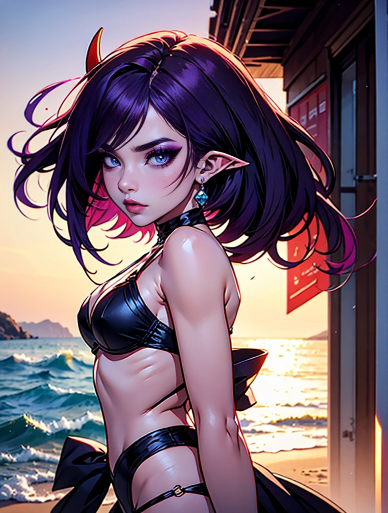 shuten douji, purple eyes, earrings, eyeshadow, makeup, purple hair, red eyeshadow, short eyebrows, short hair, single earring, pointy ears,merustyle,shexyo style, perfect body, nice body, curvy, score_9, score_8_up, score_7_up, score_6_up, source_anime, BREAK, 1girl, black bikini , sunglasses, beach, detailed background