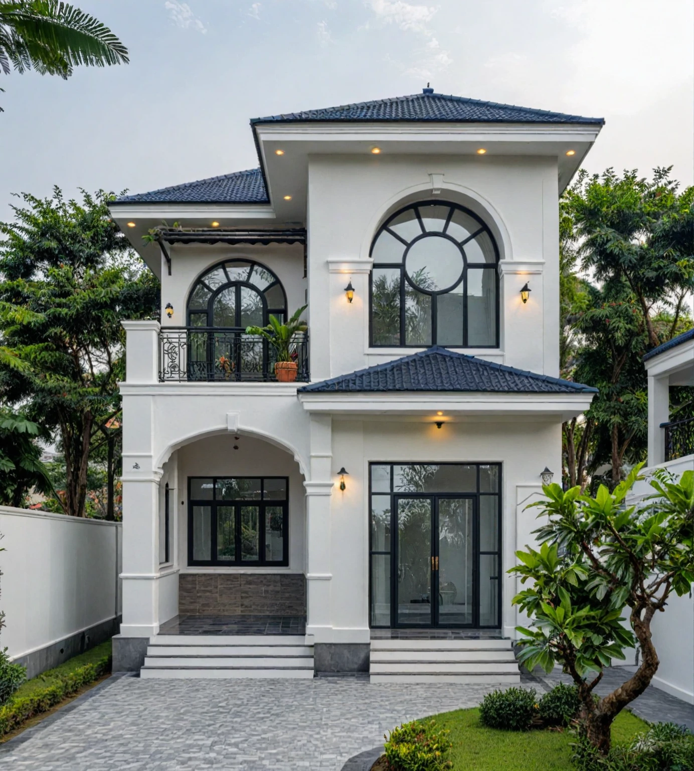 (masterpiece:1.2), best quality, photo of A two-story modern house in VietNam with white walls and dark tiles on the roof., tree and plant environment,daylight, streetcapes, natural light, vivid color, The exterior of an elegant single family home features large windows, a dark gray door frame.