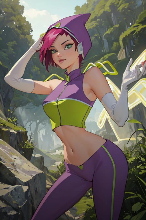 masterpiece, best quality, ultra-detailed, Tecna, pink hair, green eyes, short hair, FairyOutfit, ((purple bodysuit)), (purple hood), (gloves), (knee boots), sparkling outfit, fairy wings, ((midriff)), ((crop top)), ((purple top)), ((navel)), (underboob), (bare shoulders), (elbow gloves), standing, smile, in a forest, realistic, cowboy shot, volumetric lighting, intricate details, tonemapping, sharp focus, hyper detailed,