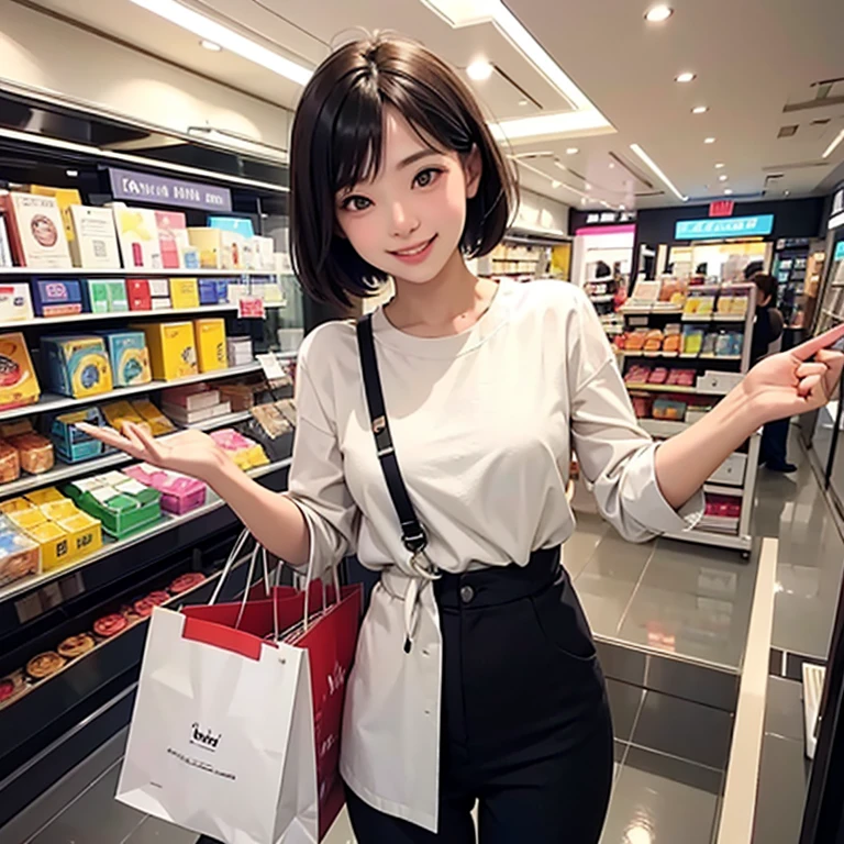 Simple woman, happy with great shopping, smiling