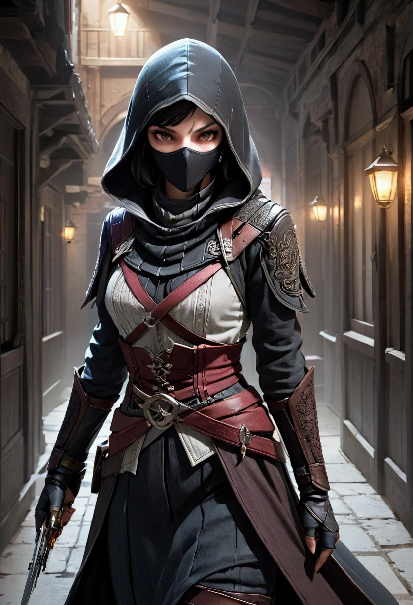 "Create a detailed image of a stealthy assassin in a dark, narrow alleyway. The assassin wears a sleek, black hooded cloak that blends into the shadows, with a mask covering their lower face. Their eyes are sharp and focused, reflecting a cold determination. The assassin holds a pair of curved daggers, glinting faintly in the dim light. The environment is gritty, with wet cobblestones and distant lanterns casting a faint glow. The atmosphere is tense, as if the assassin is moments away from striking their target. The background hints at an ancient city, with towering buildings and intricate details that add depth to the scene."