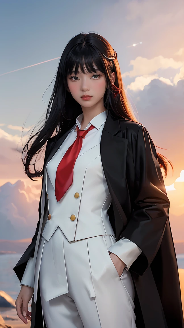 ((Masterpiece, best quality, very detailed), Volumetric light, surrounding occlusion, Rich and colorful, glow), 1 woman, lonely, young girl, (Black bangs), long hair, radius, wind energy, sacred, goddess, CEO vibe, (black coat, White suit with Red necktie:1.3), armor, outdoor, sunset, sky, cloud, space, (Fantasy Theme:1.2),